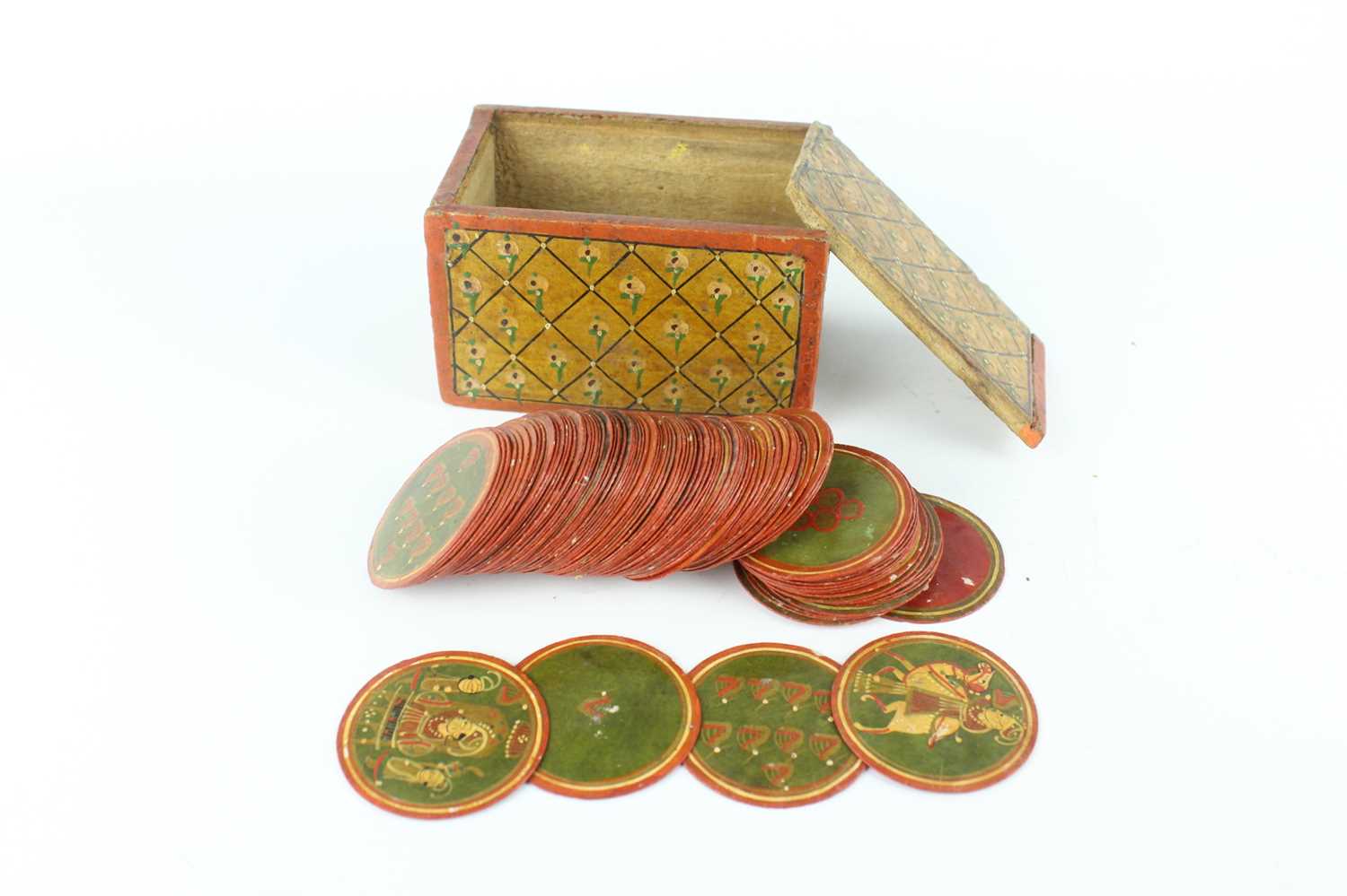 Lot 156 - An Indian Mughal Ganjifa lacquered game box...