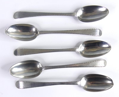 Lot 2140 - A set of five George III silver teaspoons, in...