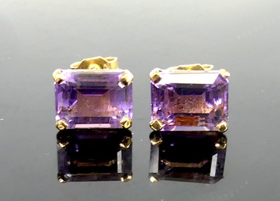 Lot 2804 - A pair of 9ct yellow gold and amethyst ear...