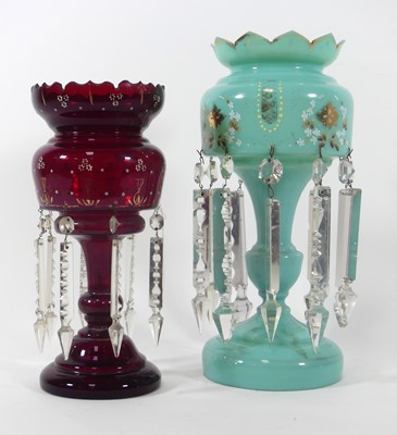 Lot 42 - A Victorian turquoise glass lustre, having a...