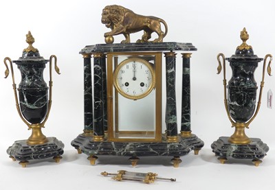 Lot 81 - A 19th century French three-piece marble clock...