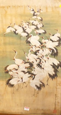 Lot 1020 - A Japanese gouache on linen of storks, signed...