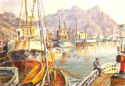 Lot 1053 - James Yates - A continental harbour, oil on...