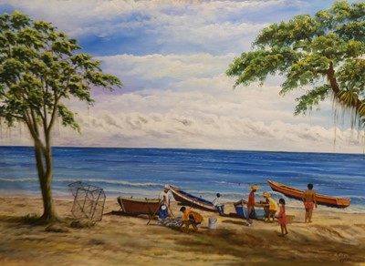 Lot 1055 - D. Morgan - Beach scene, oil on canvas, signed...