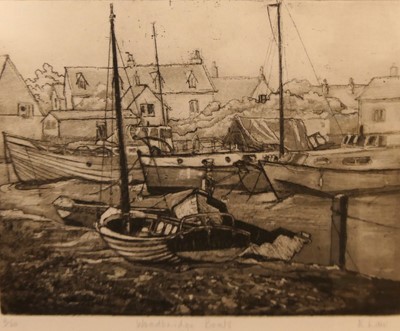 Lot 1056 - E. Law - Woodbridge boats, etching, signed,...