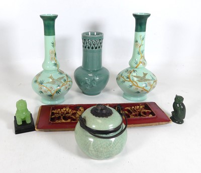 Lot 433 - A pair of Victorian green opaline glass vases,...