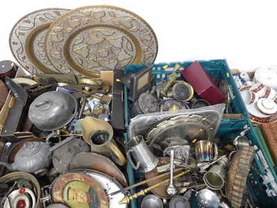 Lot 557 - Four boxes of metalware, to include brass...