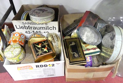 Lot 580 - Three boxes of vintage tins to include money...