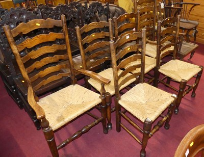 Lot 1364 - A set of six elm ladderback Lancashire chairs,...