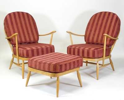 Lot 378 - An Ercol blond beech stickback lounge suite,...