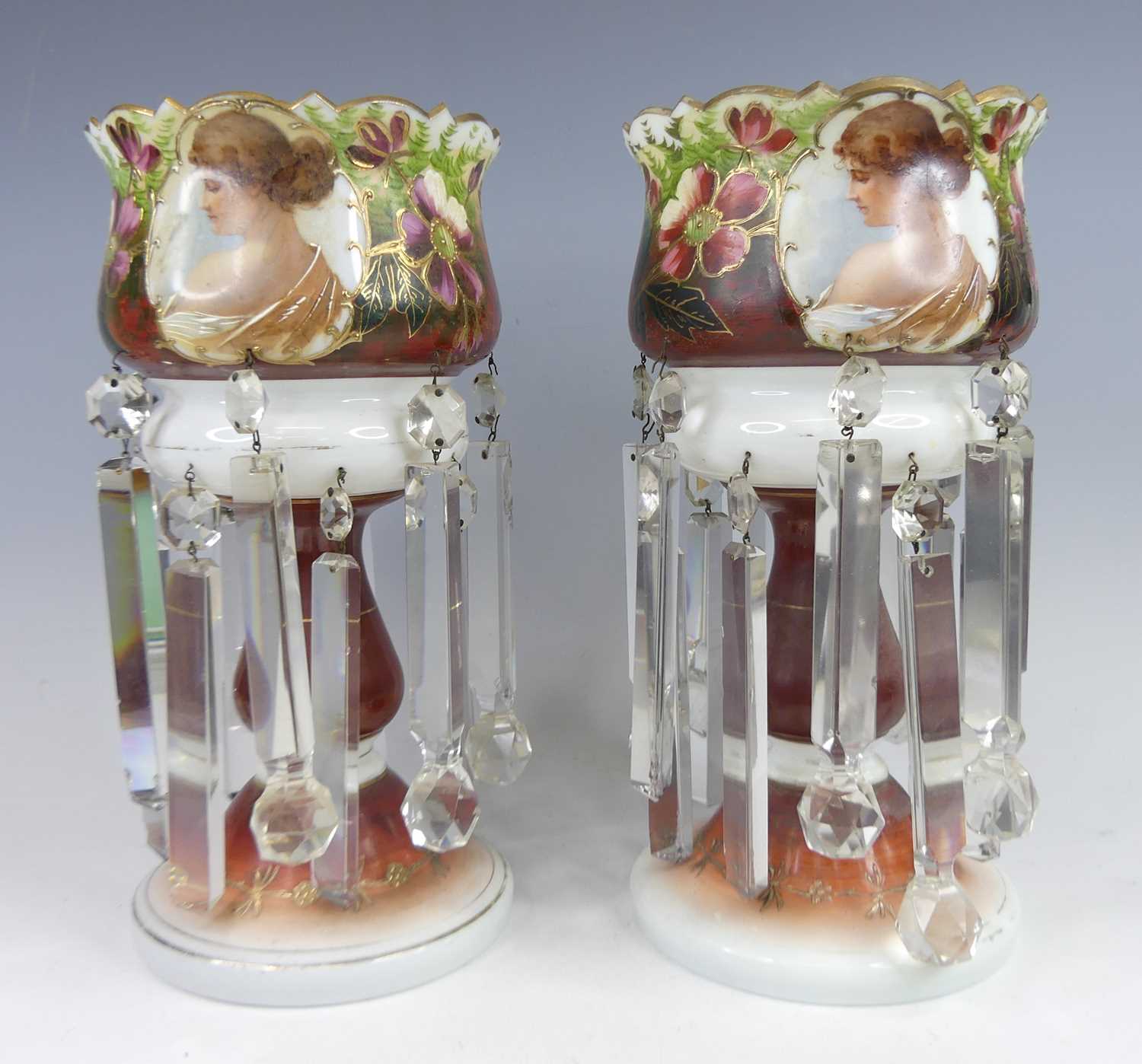 Lot 2055 - A pair of late Victorian opaque white glass...
