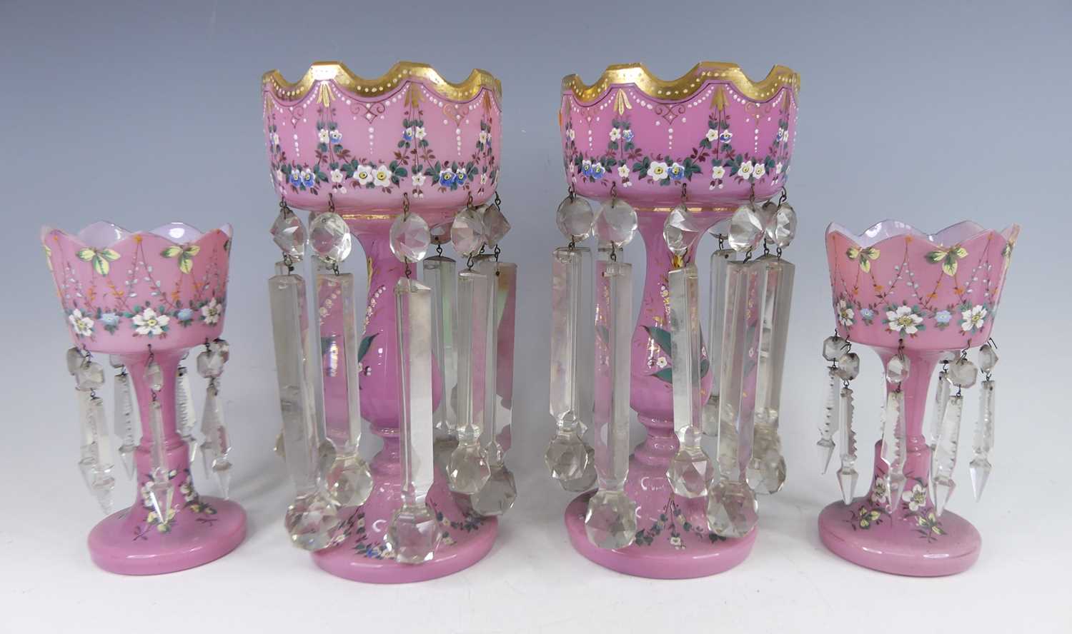 Lot 2056 - A pair of Victorian opaque pink glass pedestal...