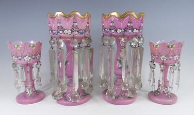 Lot 2056 - A pair of Victorian opaque pink glass pedestal...