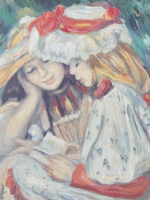 Lot 1070 - 20th Century school, Two girls reading oil on...