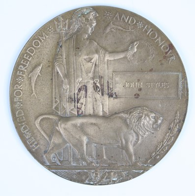 Lot 677 - A WW I bronze memorial plaque, naming John...