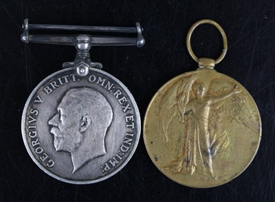 Lot 621 - A pair of WW I British War and Victory medals,...