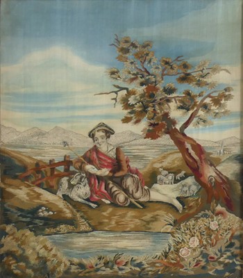 Lot 2385 - Mid 19th century embroidered silkwork panel of...