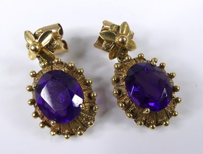 Lot 2276 - A pair of 14ct yellow gold amethyst...