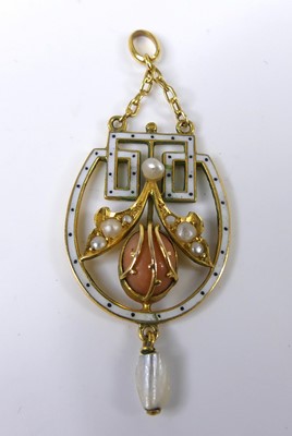 Lot 2261 - A yellow metal openwork pendant featuring a...