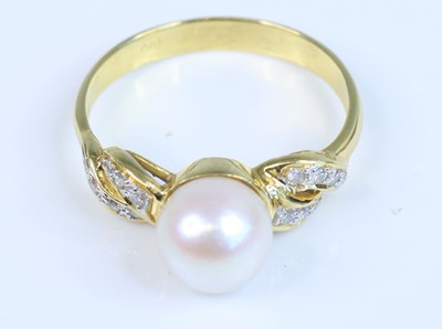 Lot 350 - A yellow metal cultured pearl and diamond set...