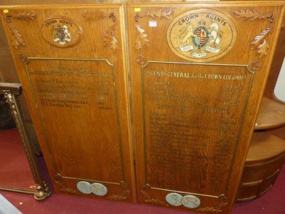Lot 1266 - Two oak presentation boards for Crown Agents,...