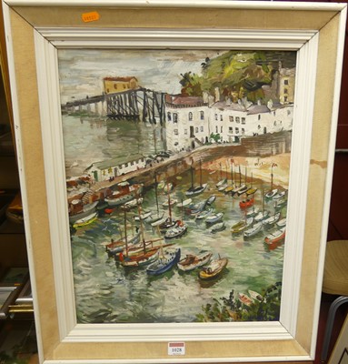 Lot 1028 - H.C. Hawkeston - Harbour scene, oil on mill...