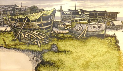 Lot 1057 - J.R. Housen - The Marsh Boatyard, linocut,...