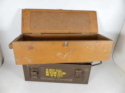 Lot 683 - A green painted metal ammunition crate, w.48cm;...