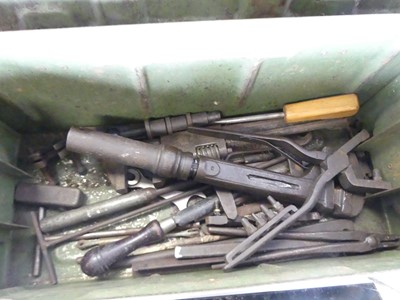 Lot 687 - A green painted metal ammunition crate, w.54cm,...