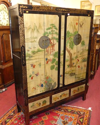 Lot 1487 - A Chinese ebonised, painted and gilt decorated...