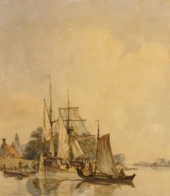 Lot 1114 - Jean HP Koekkoek - Dutch barges on the canal,...
