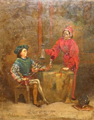 Lot 1121 - Gibbon - medieval interior scene, oil on oak...