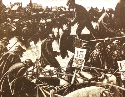 Lot 1137 - Claire Leighton - Market Day, lino cut, 20x26cm