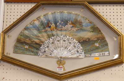 Lot 1158 - A painted fan having mother of pearl sticks...