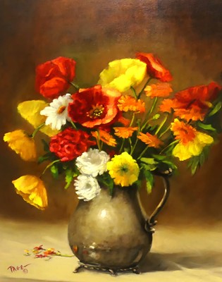 Lot 1192 - M Beth Page - silver pitcher, oil on canvas,...