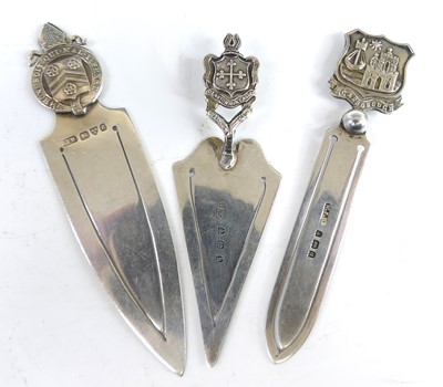 Lot Three Edwardian silver armorial clip bookmarks,...