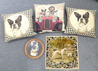 Lot 95 - Three various French bulldog woven cushions,...