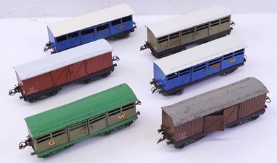 Lot 201 - Six Hornby 0 gauge No.2 wagons to include a GW...