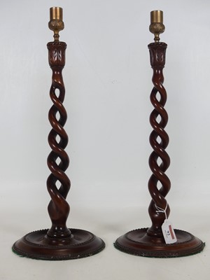 Lot 92 - A pair of reproduction mahogany barley twist...