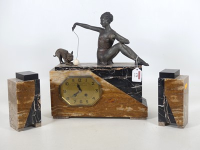 Lot 175 - An Art Deco agate marble three piece clock...