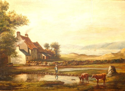 Lot 1045 - Agnes Dennis - Landscape with cattle watering,...