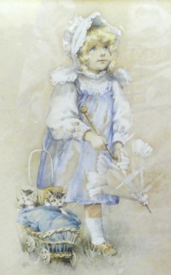 Lot 1125 - A.E. Burton - Girl with kittens, watercolour...