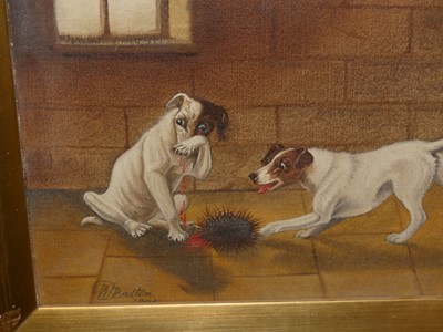 Lot 1128 - W. Barton - Hounds in an interior, oil on...
