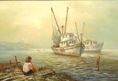 Lot 1160 - J. Samuel - Awaiting the fleet, oil on canvas,...