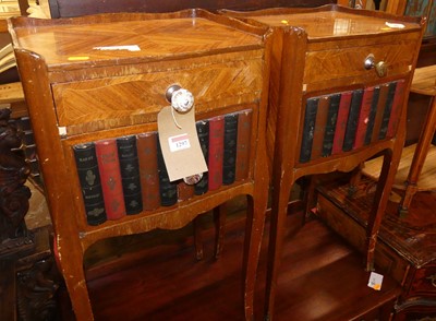 Lot 1297 - A pair of French walnut veneered bedside...