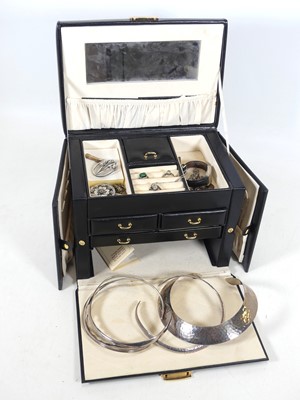 Lot 388 - A modern black leather-clad jewellery box and...