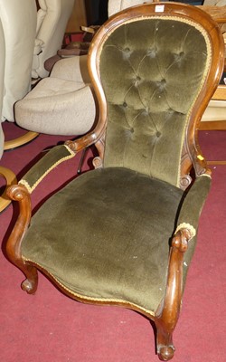 Lot 1360 - A mahogany framed and green dralon button...