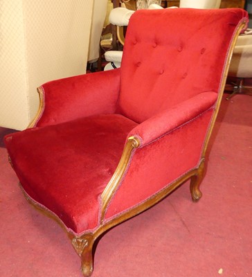 Lot 1363 - A French walnut framed and red dralon button...