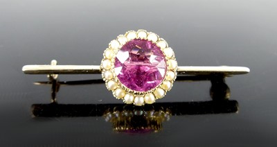 Lot 2635 - A yellow metal, pink tourmaline and pearl bar...