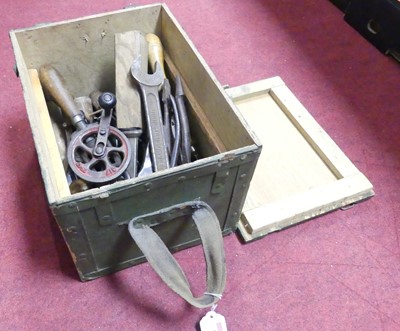 Lot 139 - A green painted box containing various tools...